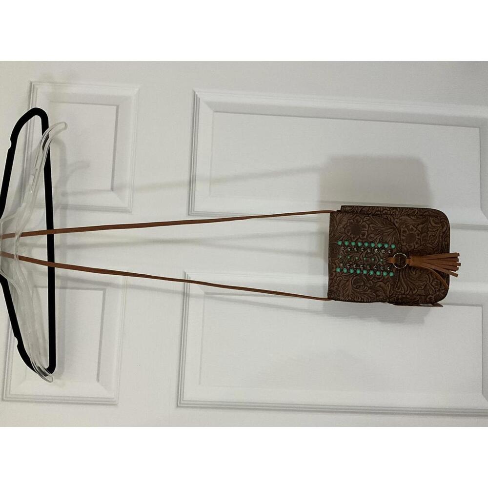 Brown Embossed faux Leather Crossbody Bag with Turquoise Studs and Tassel